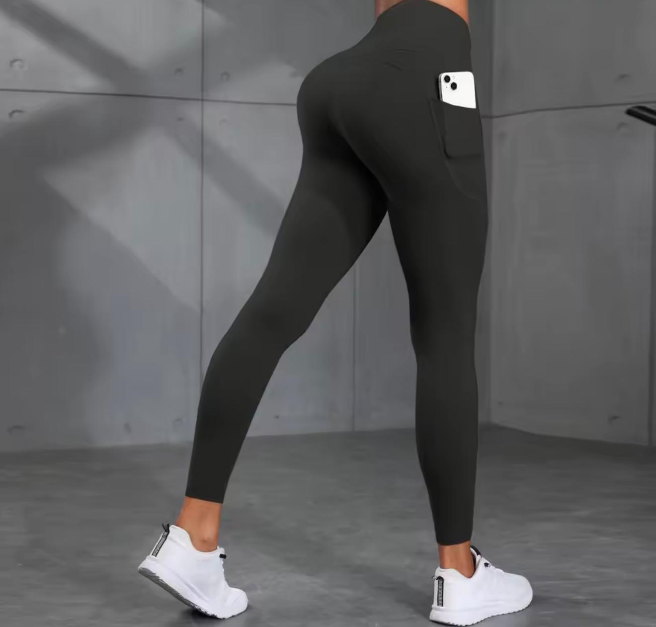 Women's High-Waisted Solid Color Yoga Pants With Pockets, Compression Leggings For Sports, Fitness, Running