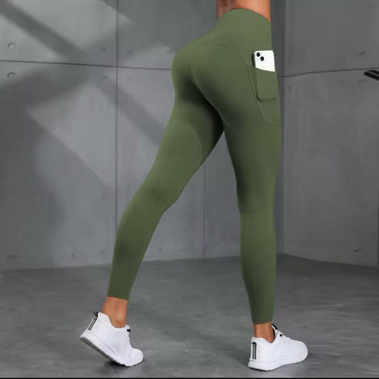 Women's High-Waisted Solid Color Yoga Pants With Pockets, Compression Leggings For Sports, Fitness, Running