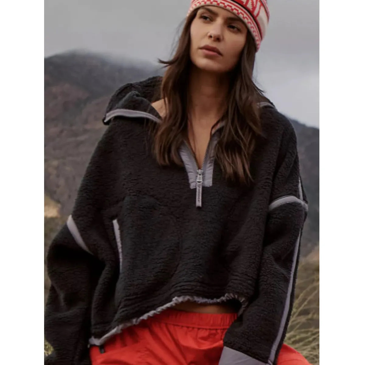 European & American Contrast Color Zipper Lamb Wool Sweatshirt
