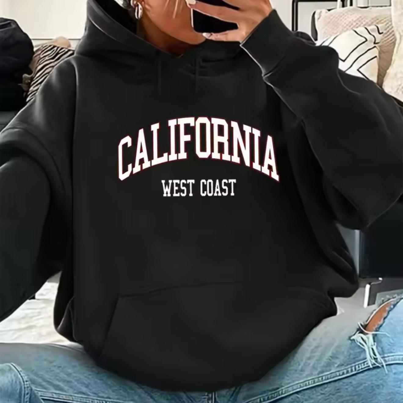 Women's autumn and winter casual fashion loose California West Coast printed hooded drawstring long sleeved warm pullover
