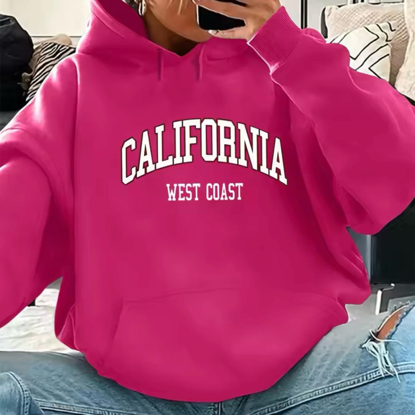 Women's autumn and winter casual fashion loose California West Coast printed hooded drawstring long sleeved warm pullover
