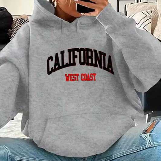 Women's autumn and winter casual fashion loose California West Coast printed hooded drawstring long sleeved warm pullover
