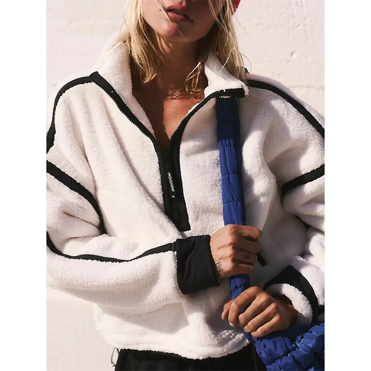 European & American Contrast Color Zipper Lamb Wool Sweatshirt